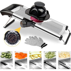 Mandolin Slicer, Vegetable Slicer, Vegetable Slicer - Adjustable Stainless Steel Mandolin with Slice, Julienne and Waffle Cut, Includes Gloves, Food Pusher and Cleaning Brush