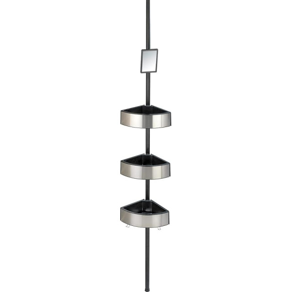 WENKO Telescopic Shower Corner Premium Big Black, Extendable Bathroom Shelf with 3 Shelves, 2 Hooks & Mirror, Rustproof Shower Shelf Made of Solid Aluminium and Plastic, 27.5 x 70-260 x 20 cm,