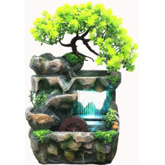 Indoor Fountain with LED Lighting, Indoor Fountain Waterfall Table Fountain Decoration Zen Meditation Waterfall with Feng Shui Wheel Resin Desktop Fountain for Living Room Writing Desk Office