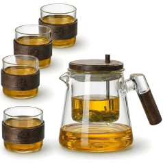 Borosilicate Glass Teapot 800ml with Push Button Strainer - Dishwasher Safe Tea Set with 4 Cups, Ideal for Loose Tea & Gift Set