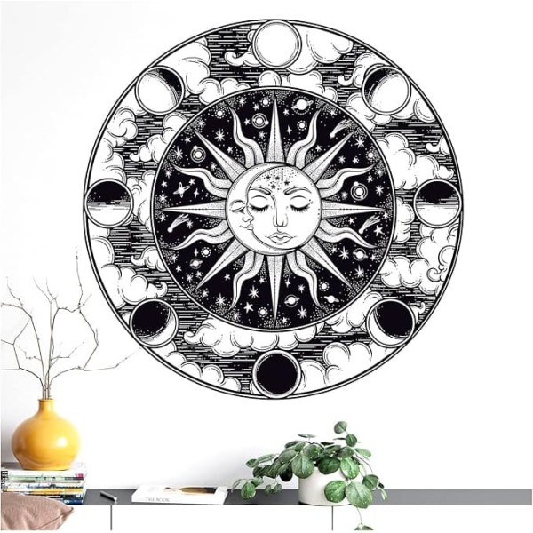 Grandora DL647-2 Wall Sticker Sacred Geometry Moon Wall Picture Sun Wall Decoration Bedroom Living Room Hallway Wallpaper Self-Adhesive Vintage