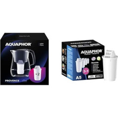 AQUAPHOR Provence Water Filter Black Including 2 A5 Filters with Magnesium I Carafe for 4.2 L I Large Water Dispenser in Glass Look & Filter Cartridge A5 Pack 3+1 I Filters Limescale and Chlorine