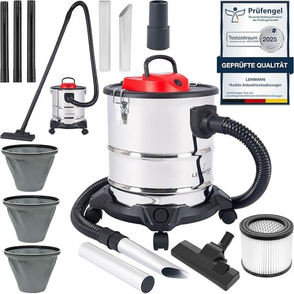 LEHMANN Haddo Industrial Vacuum Cleaner 2000 W Ash Vacuum Cleaner for Fireplace with Double Filter System Fireplace Vacuum Cleaner Ash Absorber Wet Dry Vacuum Cleaner with 20 Litre Stainless Steel