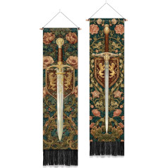 PLIGREAT Pack of 2 Tapestries with Sword Shield and Flower Motif Vertical Decorative Aesthetic Retro Style with Tassels for Bedroom Living Room Home Decoration 130 x 33 cm