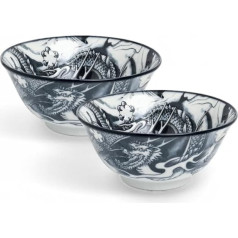 Japanese Bowls ASIATICA Ramen Bowl Porcelain Bowls 15 cm High-Quality Asian Bowl for Rice, Pasta, Tapas, Udon, Cereal Soup Bowl with Japanese Designs (Set of 2, Dragon God, Green)