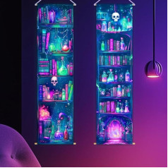 WEBEEDY Pack of 2 Magic Bookshelf Tapestry Magic Book Vertical UV Reactive Wall Hanging Background Skull Aesthetic Tapestry Banner Halloween Decoration 33 x 130 cm