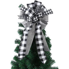 Large Buffalo Check Christmas Tree Bow Topper, Decorative Gift Bow with Long Streamers, Christmas Bows, Wreath Decoration for Wreaths, Tree Toppers, Red and Black/White (#2)