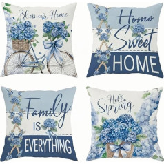 Blue Hydrangea Cushion Covers 45 x 45 cm Set of 4 Country House Cushion Covers with Quotes Flower Print for Farmhouse Spring Decoration