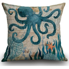 Smooffly Octopus Cotton Linen Square Throw Pillow Case Cushion Cover Home Sofa Bedroom Decorative 18x18 Inch (45x45cm) Blue