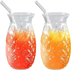 2 Pack Retro Ribbed Water Drinking Glasses with Glass Straws Pineapple Clear Glass Iced Coffee Cups 17oz for Coocktail Whiskey Beer Water Juice Milk
