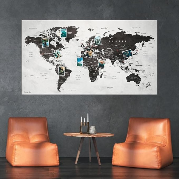 XXL World Map as Pin Board | Travel Destinations and Holidays | Map Made of Fine Fleece in Grey | 130 x 70 cm Includes 20 Flags