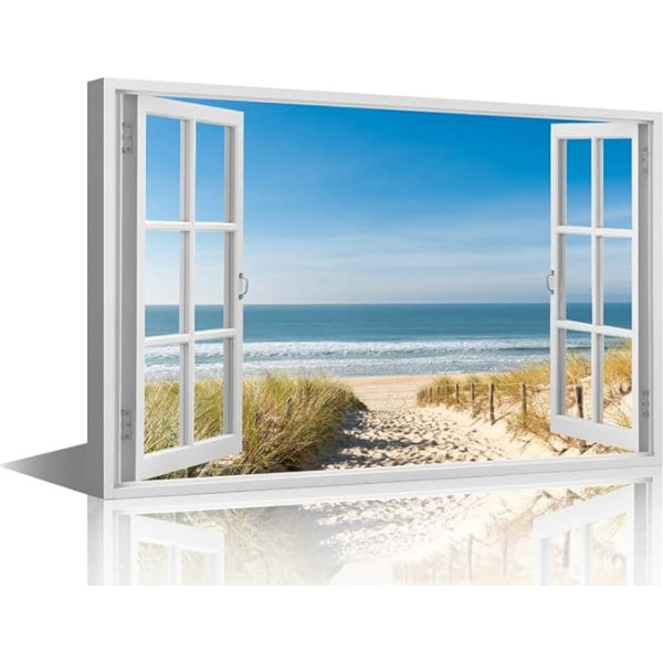 TISHIRON House Decorations 3D Window View Sea Horizon Wall Pictures for Living Room Beach Scene Canvas Art Coastline Modern Wall Painting 1 Panel Print Framed Ready to Hang 18 x