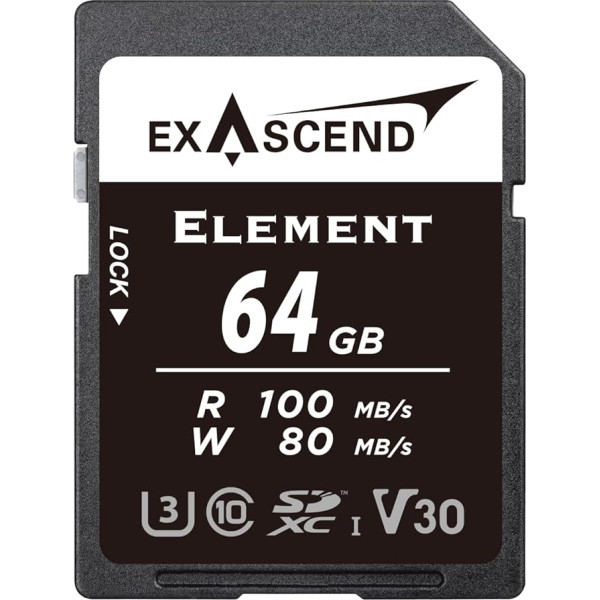 Exascend Element 64GB SDXC UHS-I V30 Memory Card 4K UHD up to 100MB/s, UHS-I, Class 10, U3, V30 Camera SD Card (UHS-I V30 100MB/s, 64GB)