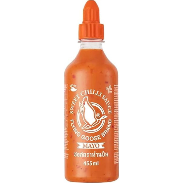 FLYING GOOSE Sriracha Sweet-Spicy Mayoo Sauce, Sweet Spicy Mayonnaise, Slightly Spicy Orange Cap, Seasoning Sauce from Thailand, Vegan, Gluten Free, 1 x 455 ml