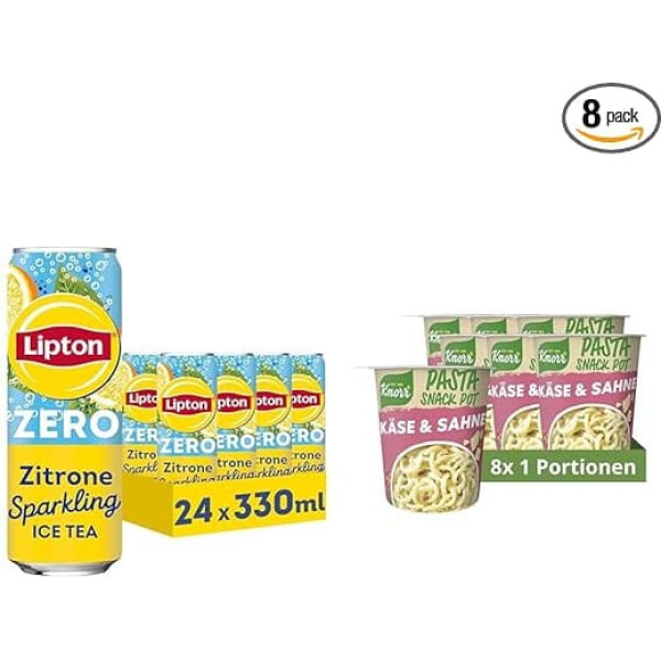 LIPTON ICE TEA Sparkling Lemon Zero, Carbonated with Lemon Flavour without Sugar, Disposable Tins (24 x 0.33 L) Knorr Pasta Snack Pot Cheese & Cream Instant Noodles Ready in Just 5 Minutes 8 x 71 g