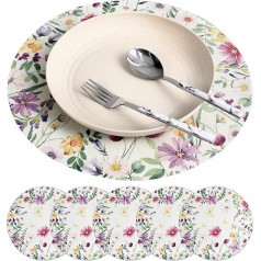 Runde Leinen Tischsets mit Blumenmotiv 6 Stück 35cm Abwaschbare Platzsets für Küche und Esszimmer Landhausstil Dekoration