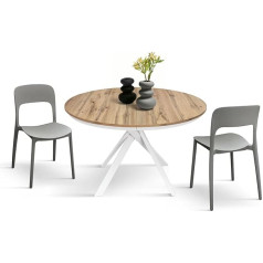 PAZZO DESIGN Gabri Round Extendable Table, Living Room Table, Kitchen Table, White Crossed Legs Shangay, Made in Italy, Rustic Oak, from 120 to 170 cm - id_2177