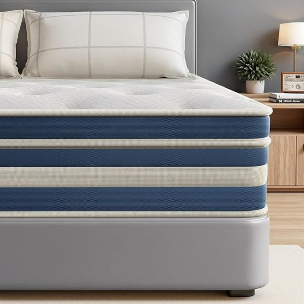 wowttrelax Hybrid-Matratze mit atmungsaktivem Memory-Schaum und individuellem Taschenfederkern – mittelfest, Marineblau (Marineblau, 135 x 190 x 25 cm)