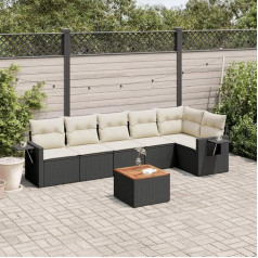 7-TLG. Garten-Sofagarnitur mit Kissen Schwarz Poly Rattan, Garten Sofa Set Poly Rattan Schwarz mit Tisch, Gartenmöbel Set PE