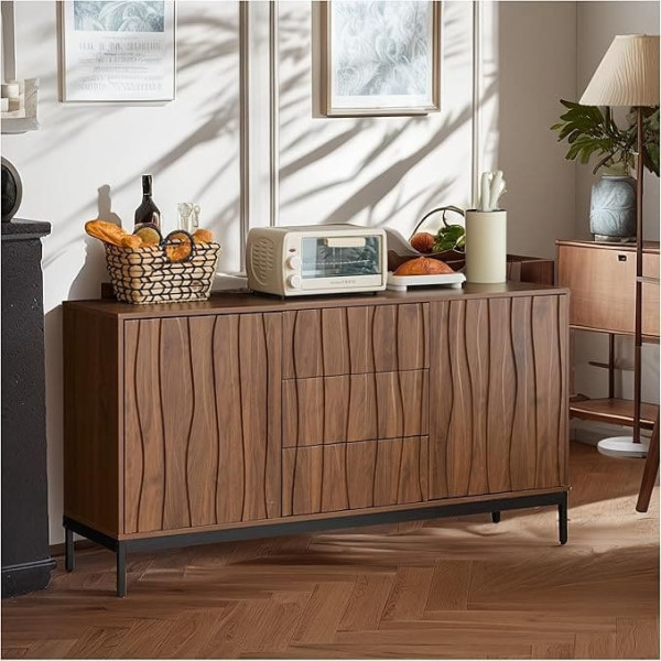 Dark Oak Sideboard, 150 x 80 x 40 cm, with 3 Drawers, Sideboard with 2 Doors, Kitchen Furniture, Entrance Cabinet, Decorative Furniture for Kitchen, Living Room, Entrance, Hallway
