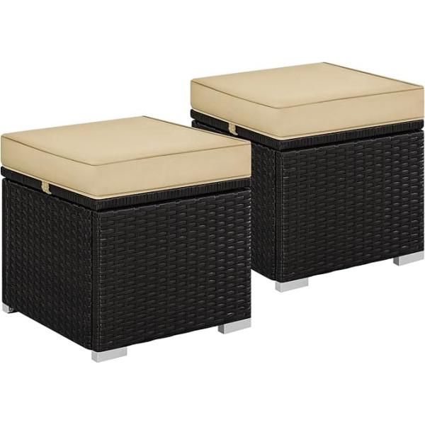 Yaheetech Rattan Stools with Removable Cushion & Storage Space, Weatherproof Garden Stool, Foot Stool, Flat Rattan Look for Outdoor Garden, Patio, Brown & Khaki, Pack of 2
