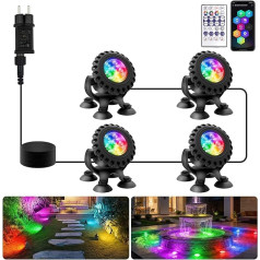 NATPOW Bluetooth APP Pond Lighting LED Underwater Underwater Lighting RGB Pond Light with Remote Control, IP68 Waterproof, Colour Changing Garden Lighting for Garden, Patio, Tree (4 in 1)