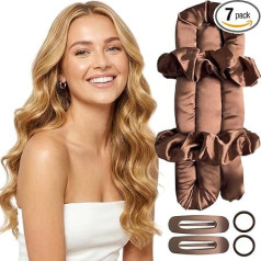 Heatless Hair Curlers - GreenBliss Satin Overnight Curling Rod Kit, No-Heat Hair Curler Set with Scrunchies, Clips, Hair Ties, 7 Pieces for Long or Short Hair, Brown