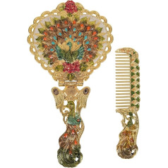 Nerien Vintage Peacock Metal Mirror Comb Set Antique Heart Shape Hand Mirror Comb Set Gold