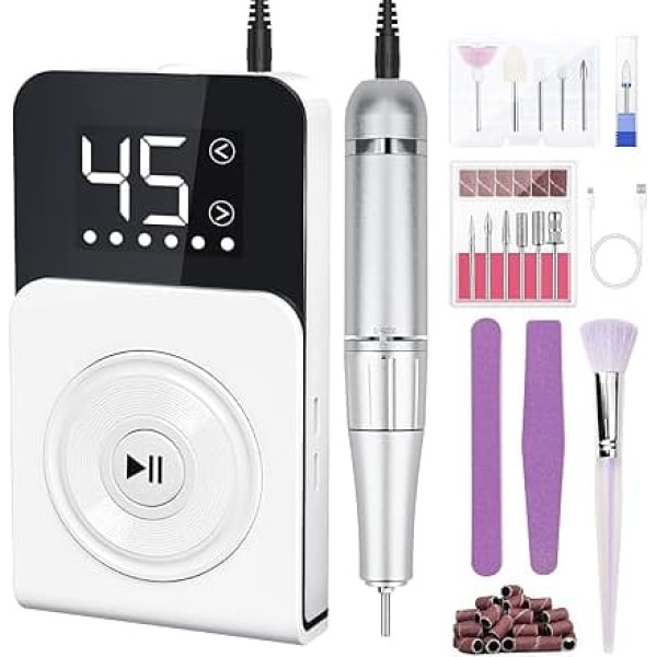 Electric Nail File Nail Cutter Professional 45000 RPM, 12 in 1, LCD Manicure Pedicure Set Electric for Acrylic Nails Portable Rotating Turntable Design (White)