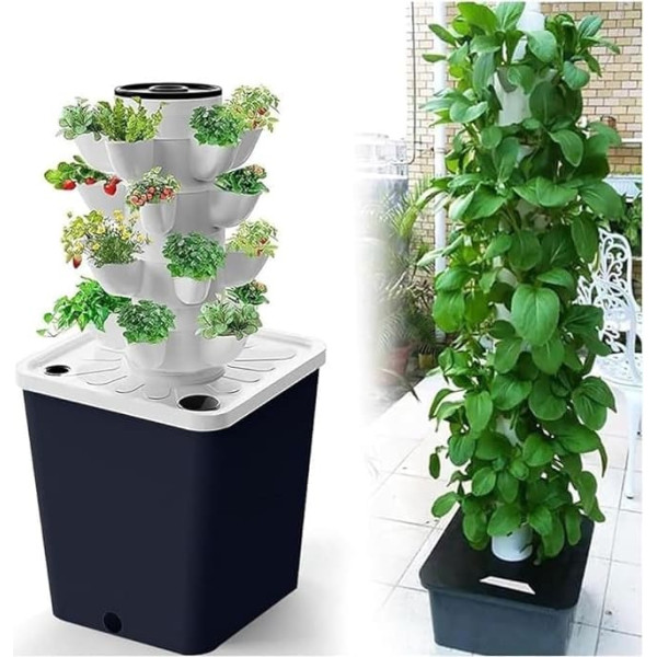 Automated 15-30 Tower Garden Kit, Hydroponic Aeroponic Vertical Growth System with 20 Holes, Pump and Moving Water Tank for Nursery Germination (No Seedlings Included)