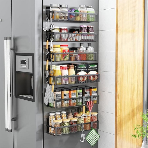 Aufworld Magnetic Spice Rack for Fridge, 6 Pack Magnetic Shelf, Fridge Magnet Organiser with Movable 12 Hooks, Magnetic Fridge Shelf for Kitchen Organisation and Storage (6 Pack)