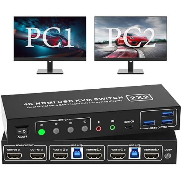 HDMI KVM Switch 2 Computers 2 Monitors 4K @ 60Hz, USB 3.0 KVM Switch Dual Monitors with EDID Function, with Audio Output and 3 USB 3.0 Ports, Desktop Control Includes 2 USB 3.0 Cables