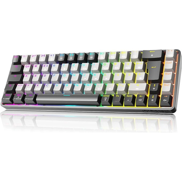 TMKB T68-D Wireless Mechanical 60% Gaming Keyboard, Tri-Mode (BT5.0/2.4GHz/USB-C), German QWERTZ Layout, RGB Lighting, Red Switch - Black/Grey
