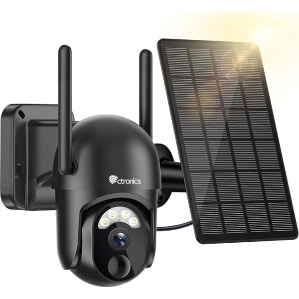 Ctronics 2K 3MP Security Camera Outdoor Solar Wireless Surveillance Camera WLAN Battery 2.4/5GHz WiFi, 355°/95° Swivel PTZ, PIR Person Detection, IP66