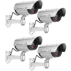 FITNATE Pack of 4 Dummy Cameras, Fake Camera Outdoor, Battery Operated, Rainproof, CCTV Surveillance System with Red LED Flashing Light, 4 Safety Warning Stickers and 12 Screws - Silver