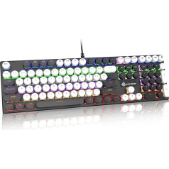 LexonElec Will Mechanical Gaming Keyboard, Full Size, 108 Keys, Anti-Ghosting, Punk USB Keyboard with Round Typewriter, Retro Black/White, Red Switch, 18 RGB Rainbow Lighting for