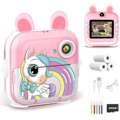 Children's Camera Instant Camera 2.4 Inch Digital Camera Instant Print with 32G Card & Printing Paper, 1080P Digital Camera Children with Colourful, Children's Camera Gifts for Boys and Girls 3-12 Years (Pink)
