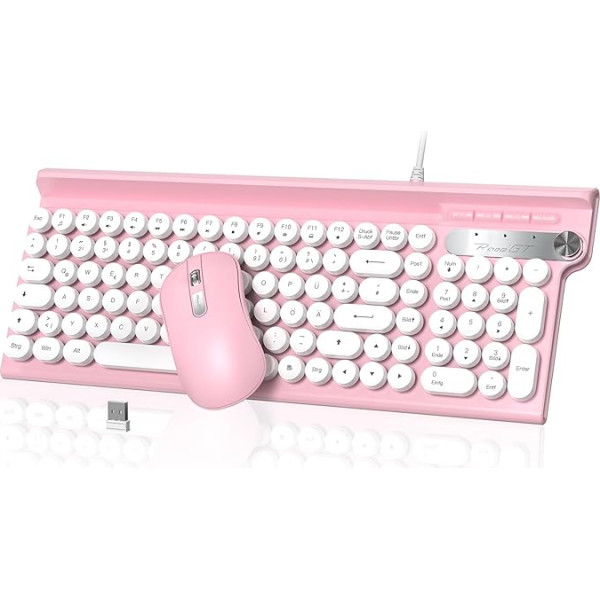 Keyboard Mouse Set Cable, RaceGT Round Keys Keyboard Pink with Numeric Keypad, Phone Holder, Volume Knob, 12 Multimedia Keys, Quiet Mouse and Keyboard for PC, Mac, Computer, Laptop, QWERTZ German Layout