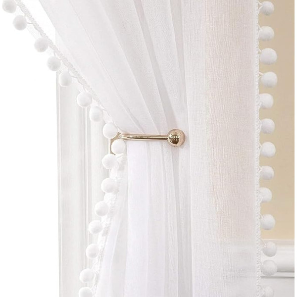 MIULEE Sheer Curtains Transparent with Pompoms Curtain Made of Voile Polyester Rod Pull Transparent Living Room Air Decorative Curtain for Bedroom Set of 2