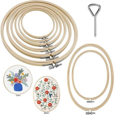 SNAIL GARDEN 8 Pieces 8 Sizes Round + Oval Embroidery Hoop Set, Bamboo Embroidery Rings Cross Stitch Hoop 8cm to 26cm, with 1 Screwdriver for Handmade Art, Craft, Sewing, Embroidery, Crafts
