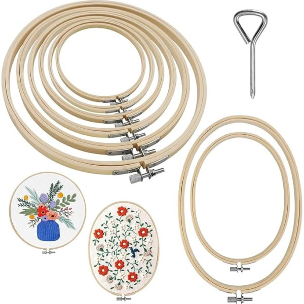 SNAIL GARDEN 8 Pieces 8 Sizes Round + Oval Embroidery Hoop Set, Bamboo Embroidery Rings Cross Stitch Hoop 8cm to 26cm, with 1 Screwdriver for Handmade Art, Craft, Sewing, Embroidery, Crafts