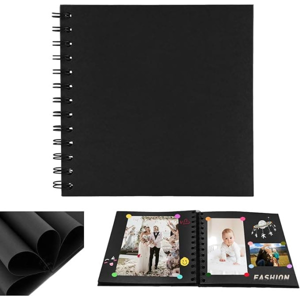Small Photo Album for DIY 17 x 17 cm Scrapbook 20 Sheets (40 Pages) Photo Albums Ring Binder Photo Books Kraft Paper Spiral Album for Baby Birthday Anniversary Wedding Black