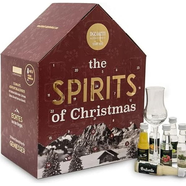 Schnapps and liqueur advent calendar 2025 by Dolomiti - gift idea for connoisseurs. Gin, rum, vodka and wormwood, fine brandies, schnapps and liqueurs. Schnapps Advent calendar in festive red.