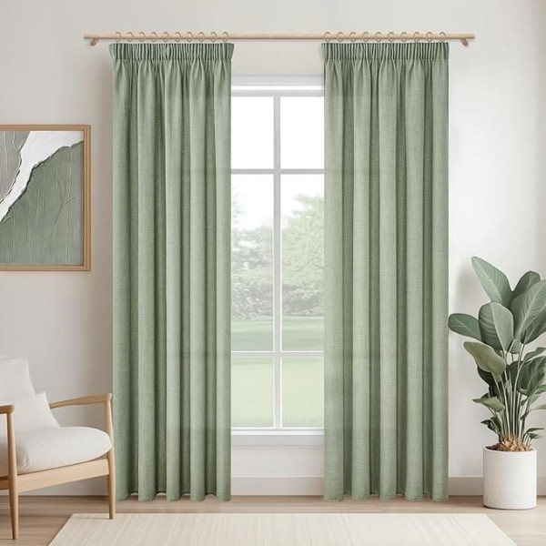MRTREES Linen Curtains with Ruffle Tape, Translucent for Living Room, Bedroom, Linen Look, Sage Green, Voile Curtains with Hooks, Set of 2, 200 cm Long, 140 cm Wide