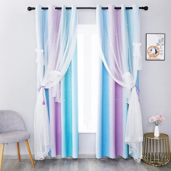 MINGPINHUIUS Opaque Blackout Curtains Double Layer Stars Curtains Elegant Curtains Star Window Curtain for Living Room Children Boys Girls Bedroom