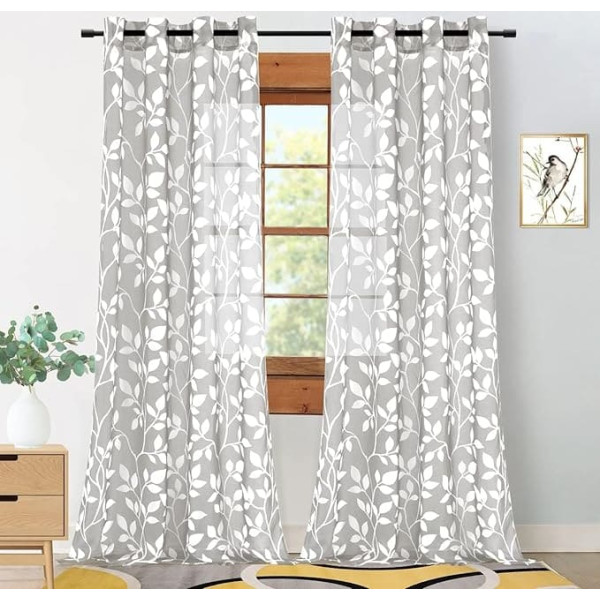 MRTREES Bedroom Curtains Voile with Eyelets and Curtains Transparent with Pattern White Leaf Print Curtain Grey Living Room Modern Set of 2 245 cm Long 140 cm Wide Sheer Curtains