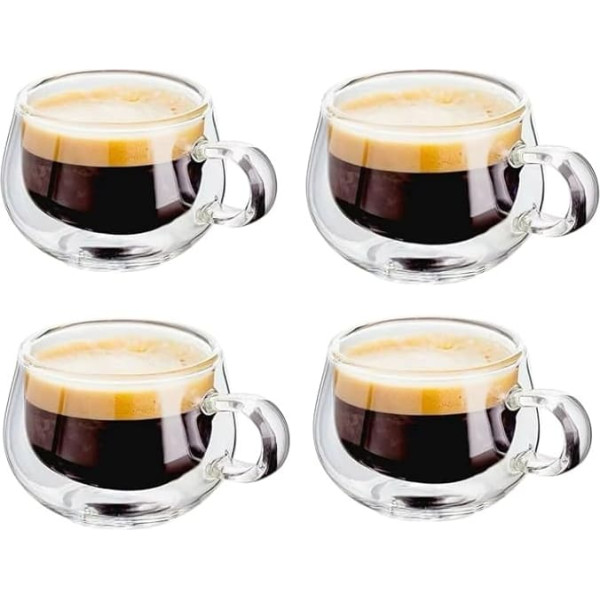 Double Wall Glass Coffee Mugs with Handle, Hollow Vacuum Sealed Handmade Heat Resistant Dishwasher Safe 8oz Latte Tea Cup Latte Cup Set of 4