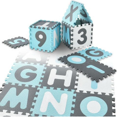 Juskys Noah Children's Puzzle Mat, 36 Pieces with Letters A-Z & Numbers 0-9, Non-Slip, Blue for Boys, Puzzle for 10 Months and Up, Play Mat
