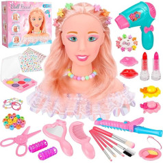 MOMOSTAR 58 Piece Children's Hairdressing Head Set, Makeup Head for Girls, Doll Head for Hairdressing Children with Make-Up Hair Styling Accessories, Makeup Doll Toy Gift for Girls from 3 4 5 6 Years