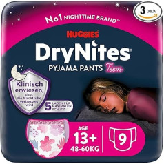 Huggies DryNites Bedwetting Night Nappies for Girls from 13 to 17 Years (48-60 kg) Pack of 27 (3 x 9) Monthly Pack Nappy Pants
